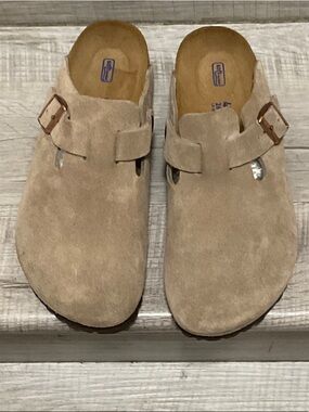 Birkenstock Taupe Suede Slip-On with Copper Buckle